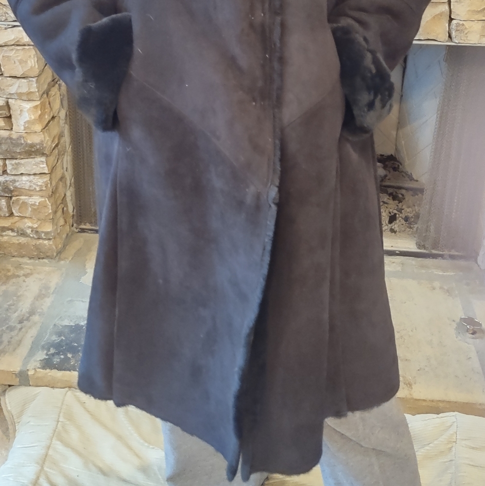 Shearling coat Lamb Fur Badgley Mischka couture black Leather suede Gray Collar - Picture 4 of 13